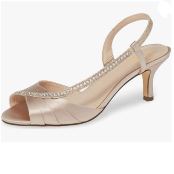 XYD Nude Peep Toe Low Heel Sandals Glitter Studded Strap Pleats Slingbacks Shoes - Picture 1 of 8